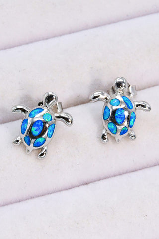 Trendsi Blue / One Size Opal Turtle Platinum-Plated Stud Earrings