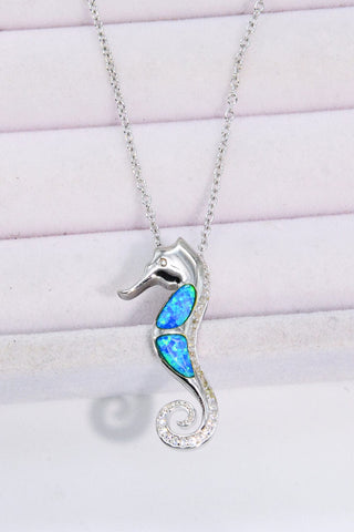 Trendsi Cobalt Blue / One Size Opal Seahorse 925 Sterling Silver Necklace
