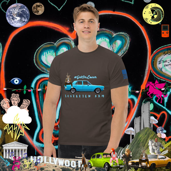 sovereignarm.com Dark Chocolate / S Pop Art #get in Loser Blue Car Men's classic tee