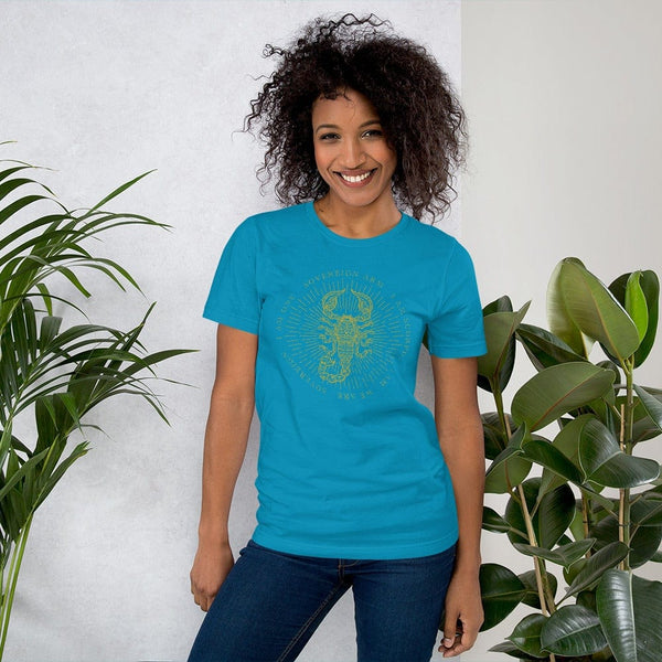 sovereignarm.com Aqua / S Zodiac Scorpio, I am | Gold Print Short-Sleeve Unisex T-Shirt