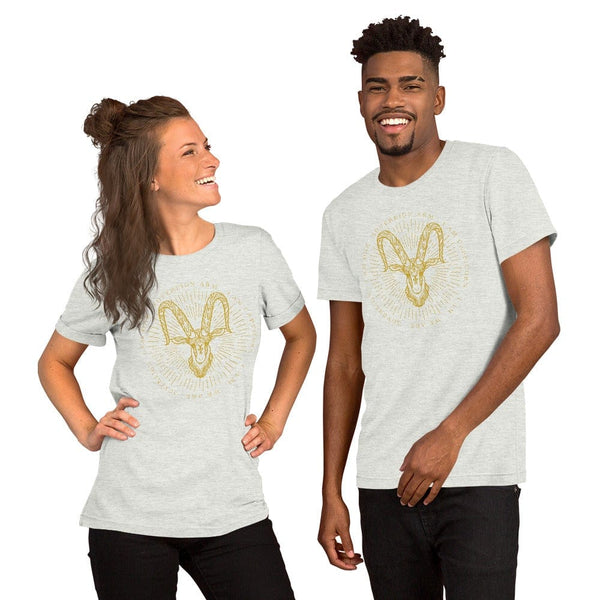 sovereignarm.com Ash / S Zodiac Capricorn, I am | Gold Print Short-Sleeve Unisex T-Shirt