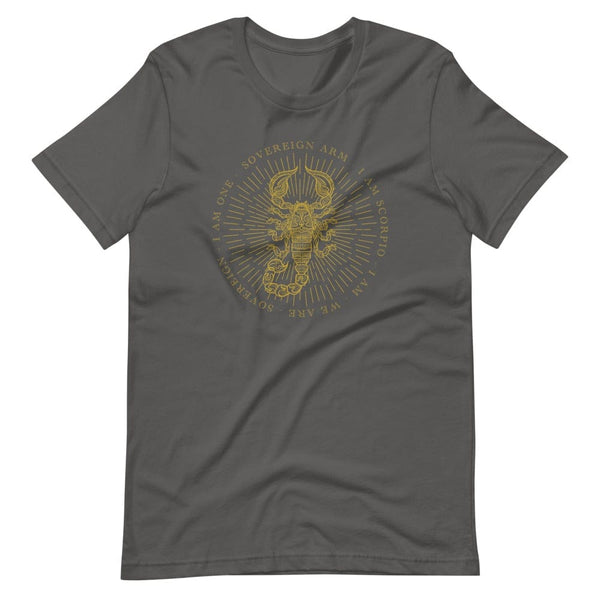 sovereignarm.com Asphalt / S Zodiac Scorpio, I am | Gold Print Short-Sleeve Unisex T-Shirt