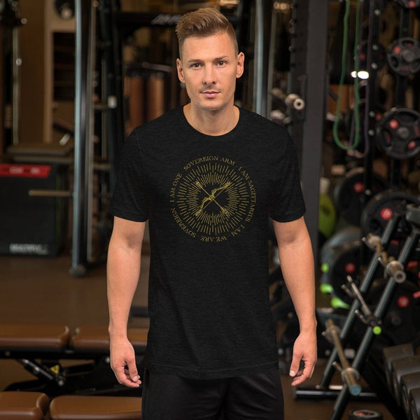 sovereignarm.com Black Heather / XS Zodiac Sagittarius, I am | Gold Print Short-Sleeve Unisex T-Shirt