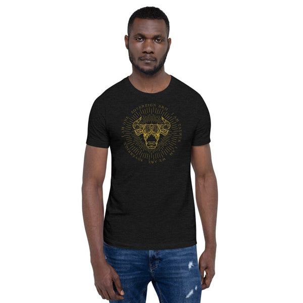 sovereignarm.com Black Heather / XS Zodiac Taurus, I am | Gold Print, Dark colors Short-Sleeve Unisex T-Shirt