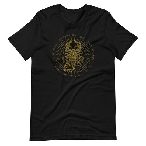 sovereignarm.com Black / XS Zodiac Scorpio, I am | Gold Print Short-Sleeve Unisex T-Shirt