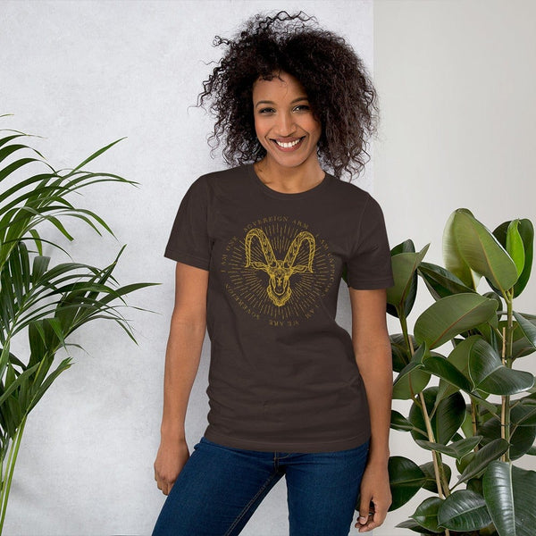 sovereignarm.com Brown / S Zodiac Capricorn, I am | Gold Print Short-Sleeve Unisex T-Shirt
