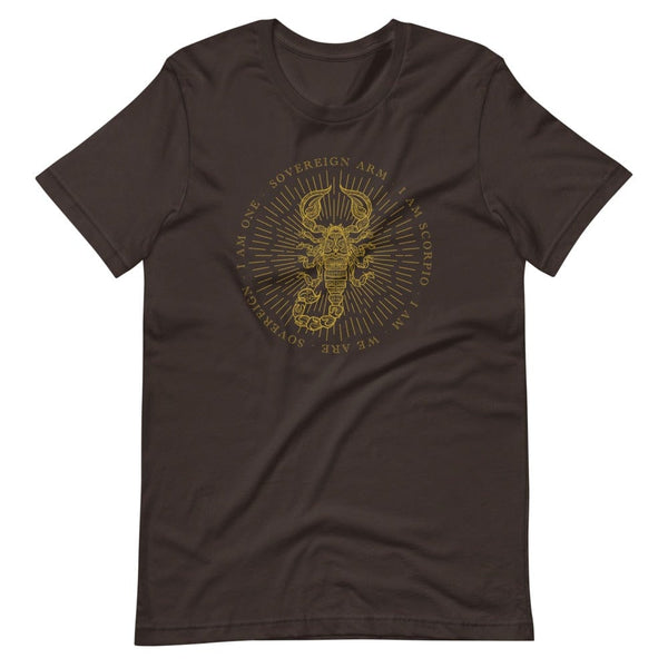 sovereignarm.com Brown / S Zodiac Scorpio, I am | Gold Print Short-Sleeve Unisex T-Shirt