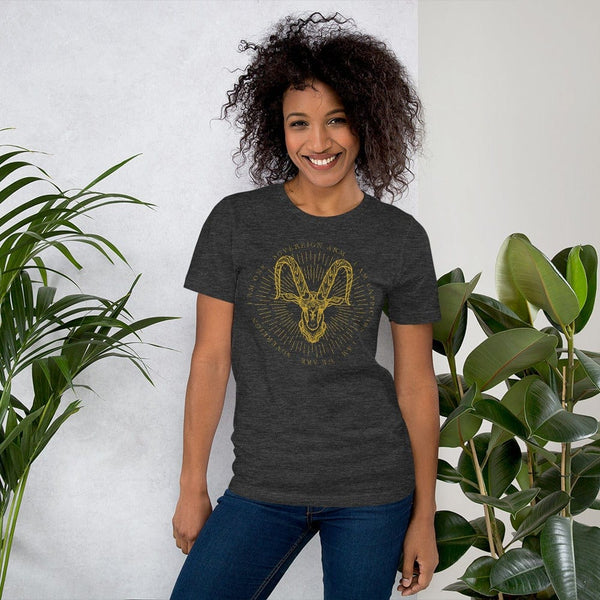 sovereignarm.com Dark Grey Heather / XS Zodiac Capricorn, I am | Gold Print Short-Sleeve Unisex T-Shirt