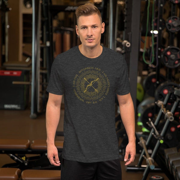 sovereignarm.com Dark Grey Heather / XS Zodiac Sagittarius, I am | Gold Print Short-Sleeve Unisex T-Shirt