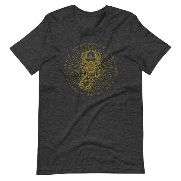 sovereignarm.com Dark Grey Heather / XS Zodiac Scorpio, I am | Gold Print Short-Sleeve Unisex T-Shirt