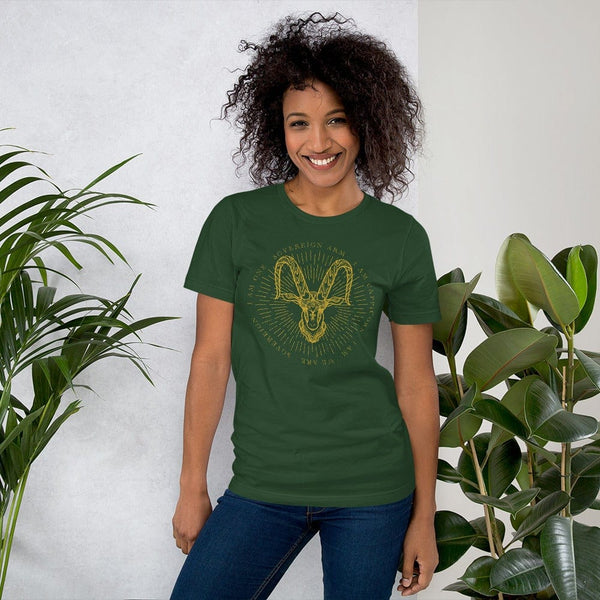sovereignarm.com Forest / S Zodiac Capricorn, I am | Gold Print Short-Sleeve Unisex T-Shirt