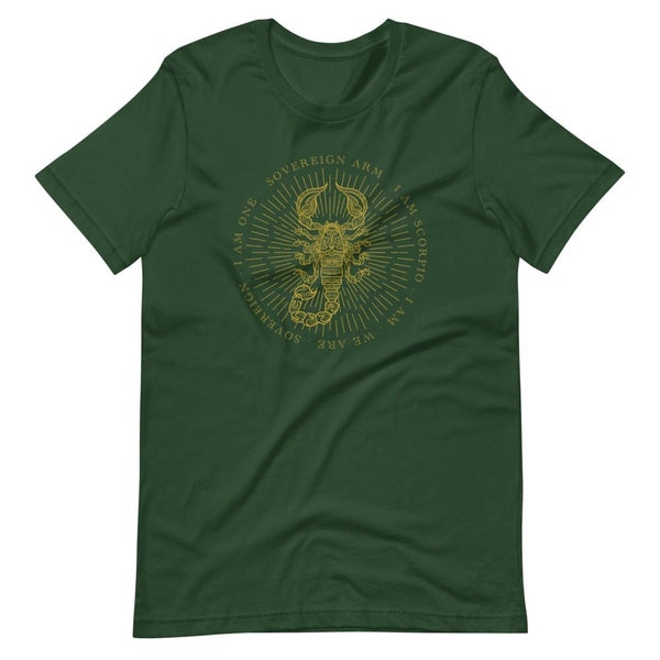 sovereignarm.com Forest / S Zodiac Scorpio, I am | Gold Print Short-Sleeve Unisex T-Shirt