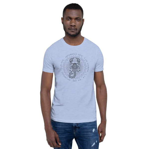 sovereignarm.com Heather Blue / S Zodiac Scorpio, I am | Black Print Short-Sleeve Unisex T-Shirt