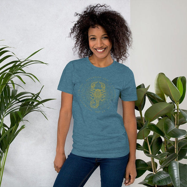 sovereignarm.com Heather Deep Teal / S Zodiac Scorpio, I am | Gold Print Short-Sleeve Unisex T-Shirt