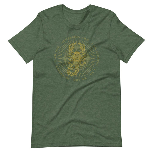 sovereignarm.com Heather Forest / S Zodiac Scorpio, I am | Gold Print Short-Sleeve Unisex T-Shirt