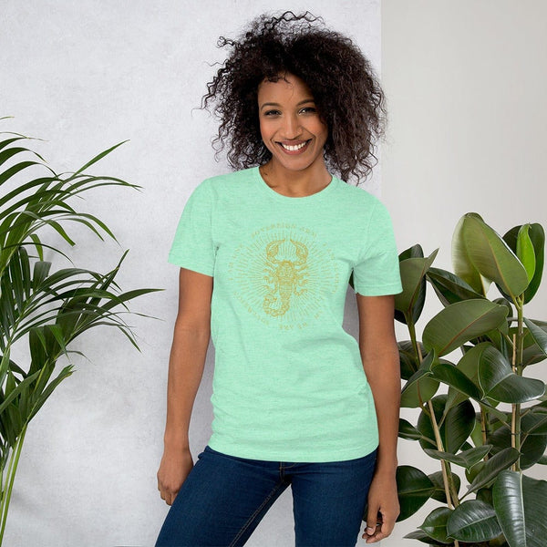 sovereignarm.com Heather Mint / S Zodiac Scorpio, I am | Gold Print Short-Sleeve Unisex T-Shirt