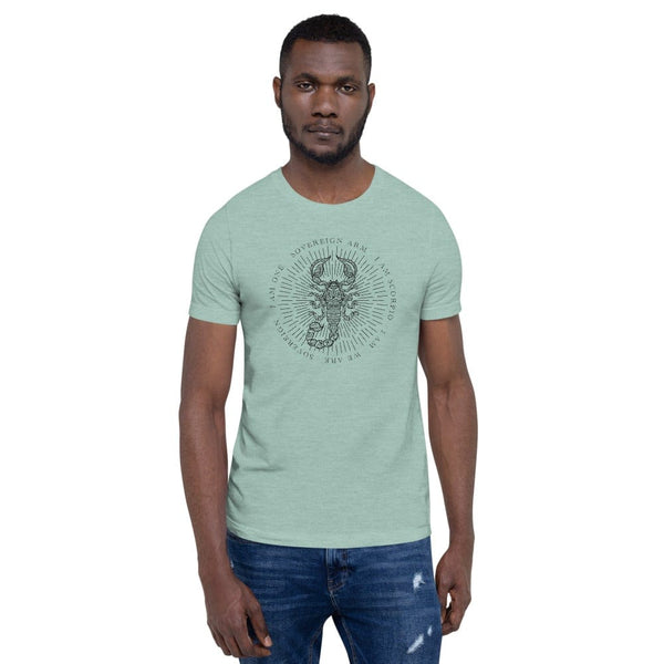 sovereignarm.com Heather Prism Dusty Blue / XS Zodiac Scorpio, I am | Black Print Short-Sleeve Unisex T-Shirt