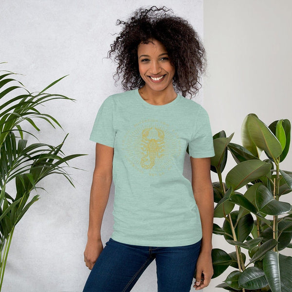sovereignarm.com Heather Prism Dusty Blue / XS Zodiac Scorpio, I am | Gold Print Short-Sleeve Unisex T-Shirt