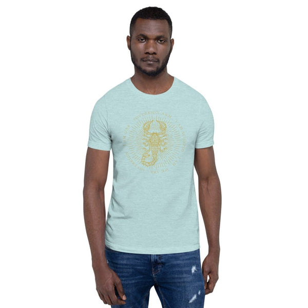 sovereignarm.com Heather Prism Ice Blue / XS Zodiac Scorpio, I am | Gold Print Short-Sleeve Unisex T-Shirt