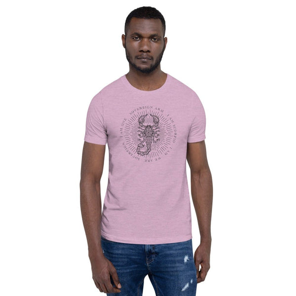 sovereignarm.com Heather Prism Lilac / XS Zodiac Scorpio, I am | Black Print Short-Sleeve Unisex T-Shirt
