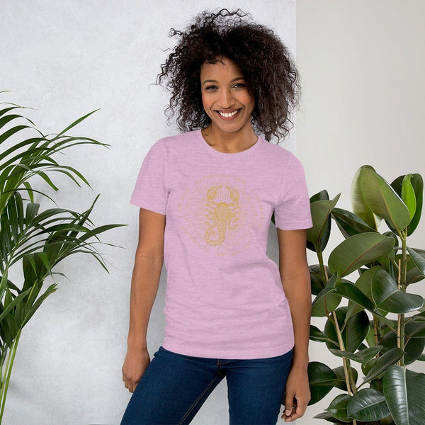 sovereignarm.com Heather Prism Lilac / XS Zodiac Scorpio, I am | Gold Print Short-Sleeve Unisex T-Shirt