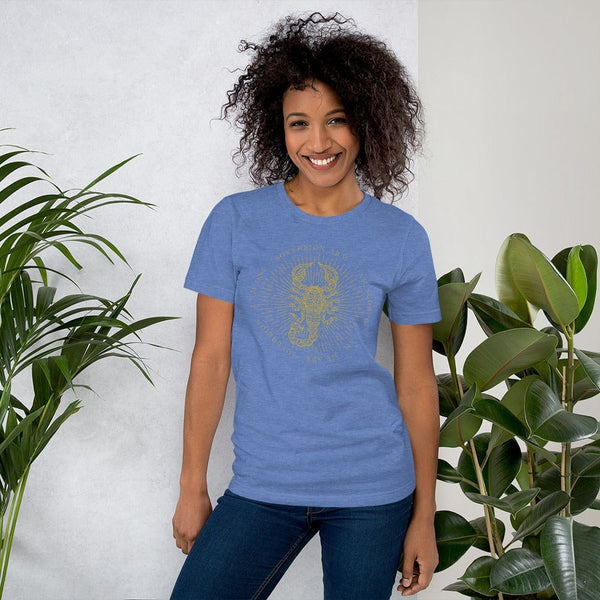 sovereignarm.com Heather True Royal / S Zodiac Scorpio, I am | Gold Print Short-Sleeve Unisex T-Shirt
