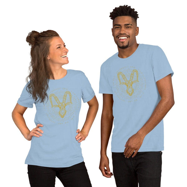 sovereignarm.com Light Blue / XS Zodiac Capricorn, I am | Gold Print Short-Sleeve Unisex T-Shirt