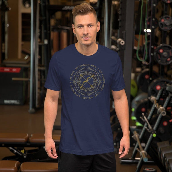 sovereignarm.com Navy / XS Zodiac Sagittarius, I am | Gold Print Short-Sleeve Unisex T-Shirt