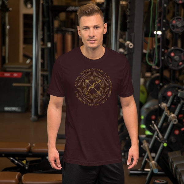 sovereignarm.com Oxblood Black / S Zodiac Sagittarius, I am | Gold Print Short-Sleeve Unisex T-Shirt