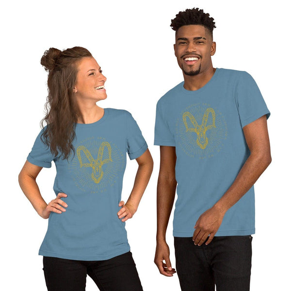 sovereignarm.com Steel Blue / S Zodiac Capricorn, I am | Gold Print Short-Sleeve Unisex T-Shirt