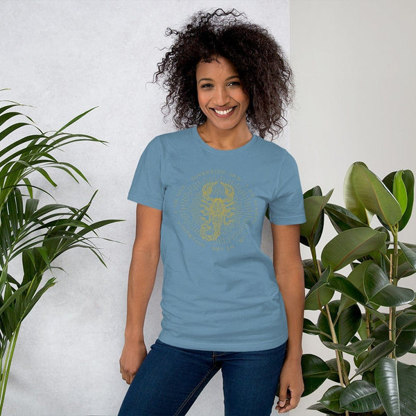 sovereignarm.com Steel Blue / S Zodiac Scorpio, I am | Gold Print Short-Sleeve Unisex T-Shirt