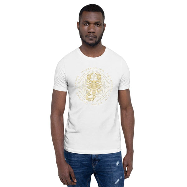 sovereignarm.com White / XS Zodiac Scorpio, I am | Gold Print Short-Sleeve Unisex T-Shirt