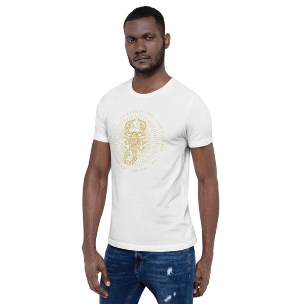 sovereignarm.com Zodiac Scorpio, I am | Gold Print Short-Sleeve Unisex T-Shirt