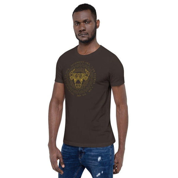sovereignarm.com Zodiac Taurus, I am | Gold Print, Dark colors Short-Sleeve Unisex T-Shirt