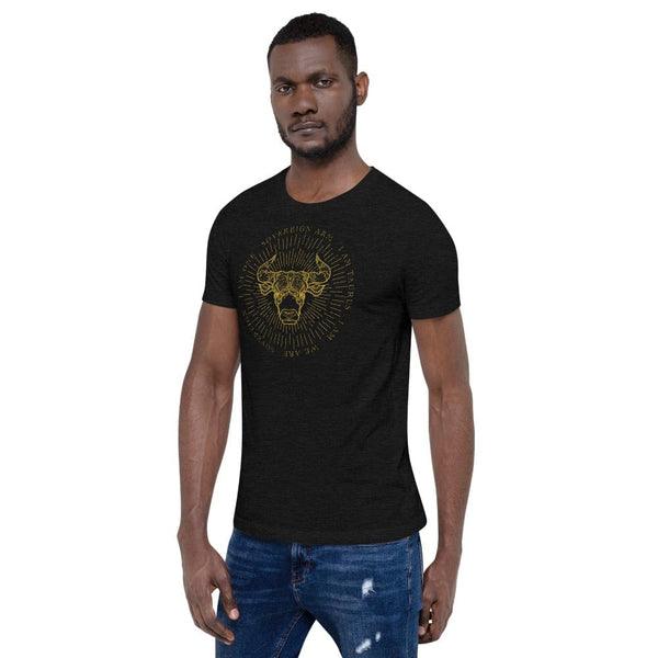 sovereignarm.com Zodiac Taurus, I am | Gold Print, Dark colors Short-Sleeve Unisex T-Shirt
