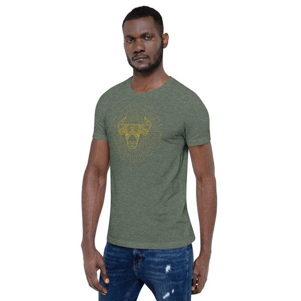 sovereignarm.com Zodiac Taurus, I am | Gold Print, Dark colors Short-Sleeve Unisex T-Shirt