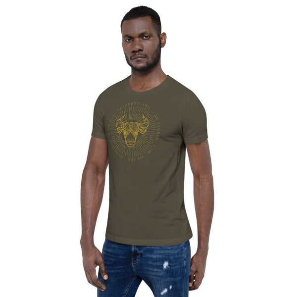 sovereignarm.com Zodiac Taurus, I am | Gold Print, Dark colors Short-Sleeve Unisex T-Shirt