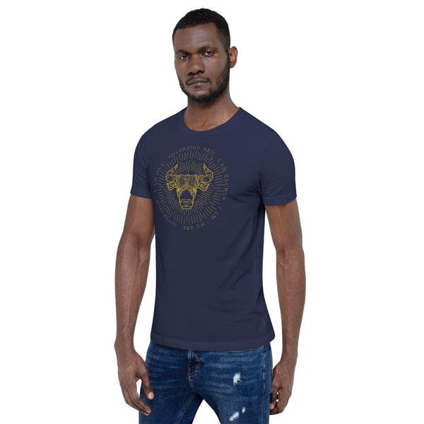sovereignarm.com Zodiac Taurus, I am | Gold Print, Dark colors Short-Sleeve Unisex T-Shirt