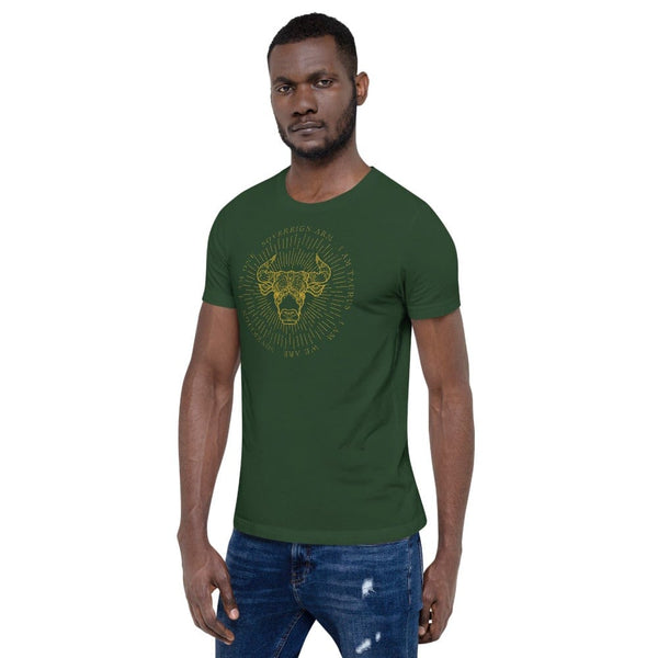 sovereignarm.com Zodiac Taurus, I am | Gold Print, Dark colors Short-Sleeve Unisex T-Shirt