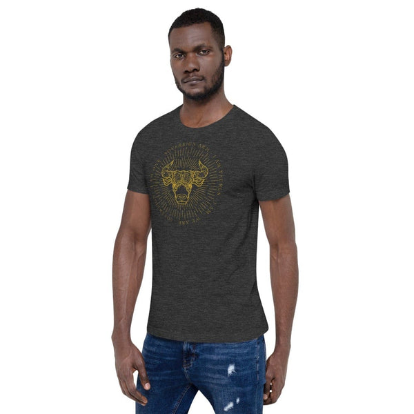 sovereignarm.com Zodiac Taurus, I am | Gold Print, Dark colors Short-Sleeve Unisex T-Shirt