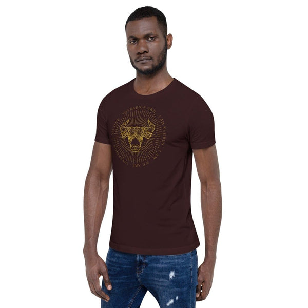sovereignarm.com Zodiac Taurus, I am | Gold Print, Dark colors Short-Sleeve Unisex T-Shirt